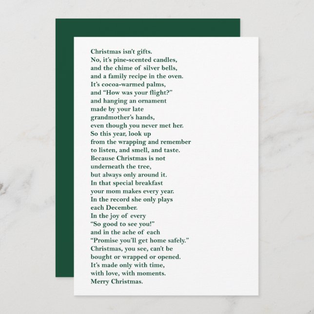 Christmas Isn't Gifts (Green) Non Photo Poem Card (Front/Back)