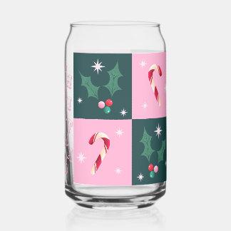 Christmas Ivy, Candy Cane with Stars Chequerboard Can Glass