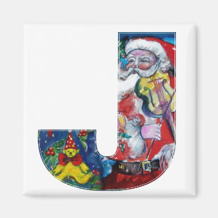 CHRISTMAS J LETTER / SANTA  WITH VIOLIN MONOGRAM MAGNET