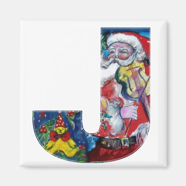 CHRISTMAS J LETTER / SANTA  WITH VIOLIN MONOGRAM MAGNET (Front)