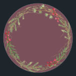 Christmas Jam Canning Rustic Homemade Mason Jar Classic Round Sticker<br><div class="desc">Rustic and modern Christmas homemade jam canning mason jar sticker with a lovely Christmas holiday wreath with greenery and berries on a burgundy background. Simply add your name and the product name to the label. Exclusively designed for you by Happy Dolphin Studio. If you need any help or matching products,...</div>