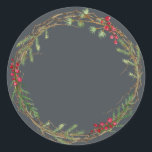 Christmas Jam Canning Rustic Homemade Mason Jar Classic Round Sticker<br><div class="desc">Rustic and modern Christmas homemade jam canning mason jar sticker with a lovely Christmas holiday wreath with greenery and berries on an off-black background. Simply add your name and the product name to the label. Exclusively designed for you by Happy Dolphin Studio. If you need any help or matching products,...</div>