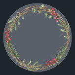 Christmas Jam Canning Rustic Homemade Mason Jar Classic Round Sticker<br><div class="desc">Rustic and modern Christmas homemade jam canning mason jar sticker with a lovely Christmas holiday wreath with greenery and berries on a dark blue background. Simply add your name and the product name to the label. Exclusively designed for you by Happy Dolphin Studio. If you need any help or matching...</div>