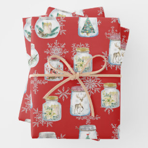 Christmas Jars and Snowflakes Red Wrapping Paper Sheet