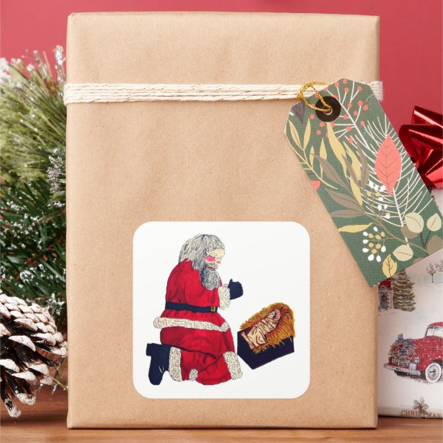 CHRISTMAS JESUS AND SANTA  SQUARE STICKER (Holiday)