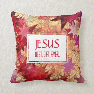 Christmas JESUS BEST GIFT EVER Red Pink Stars Cushion