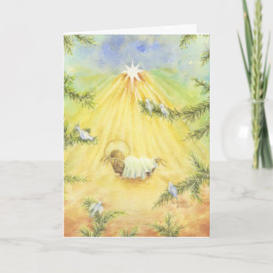 Christmas Jesus In Manger With Doves Greeting Card