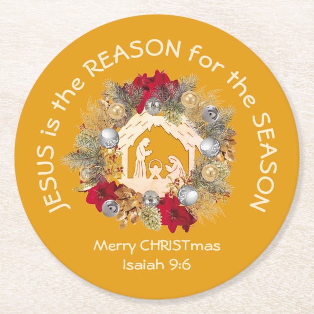  Christmas JESUS IS THE REASON Yellow Round Paper Coaster (Front)