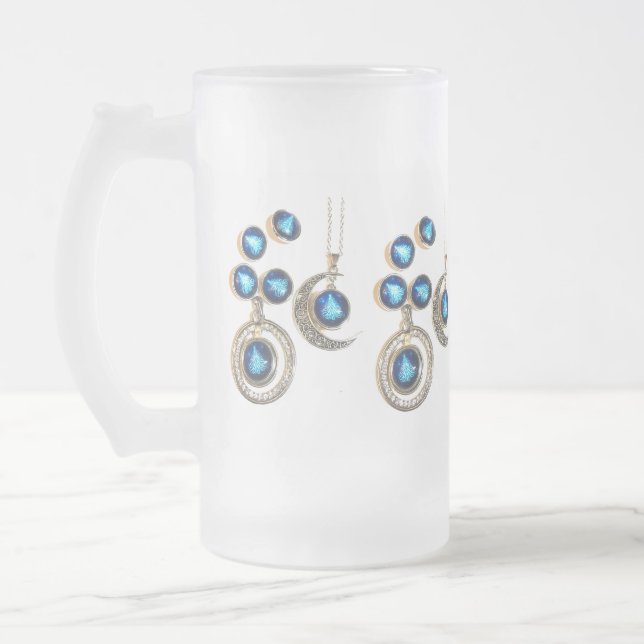 Christmas jewellery Tree blue black bright Moon  Frosted Glass Beer Mug (Left)