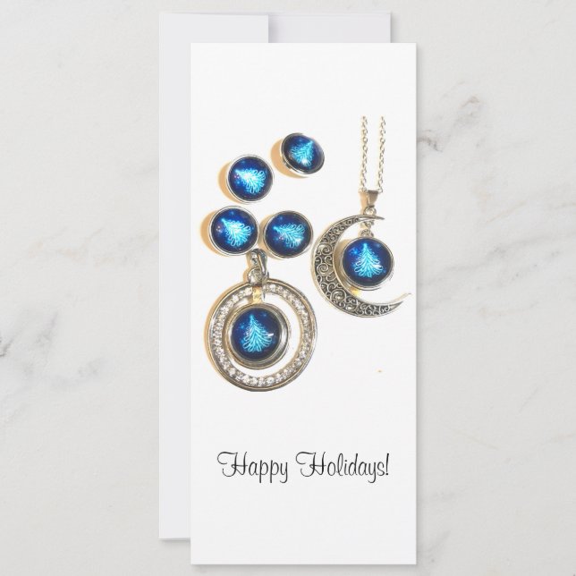 Christmas jewellery Tree blue black bright Moon  Holiday Card (Front)