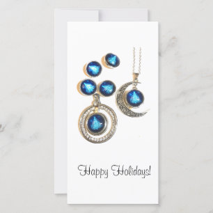 Christmas jewellery Tree blue black bright Moon  Holiday Card