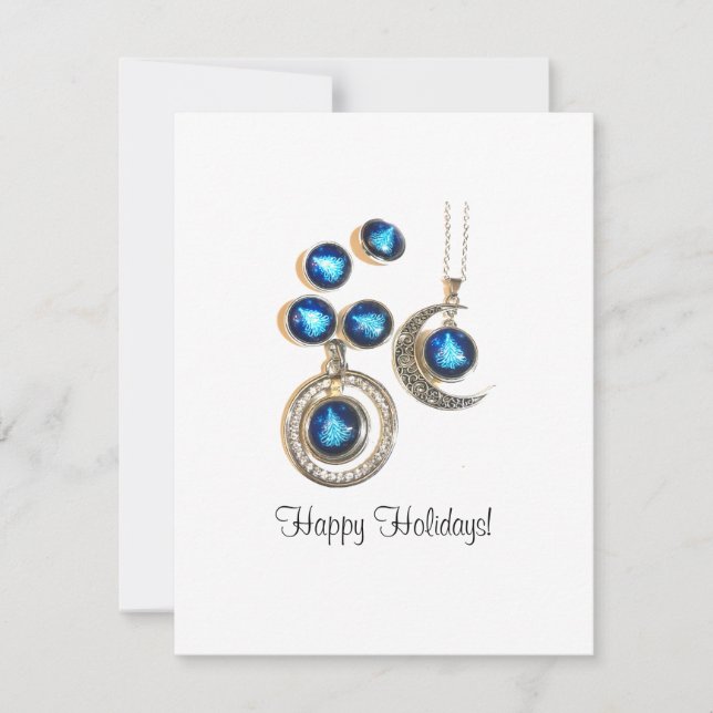 Christmas jewellery Tree blue black bright Moon  Holiday Card (Front)