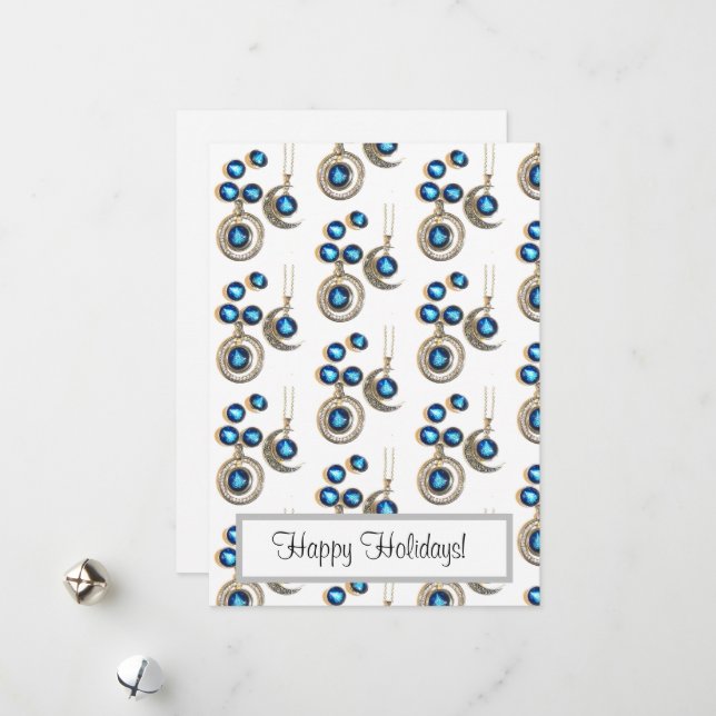 Christmas jewellery Tree blue black bright Moon  Holiday Card (Front/Back In Situ)
