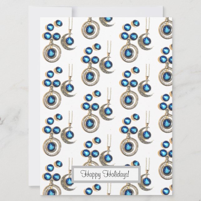 Christmas jewellery Tree blue black bright Moon  Holiday Card (Front)
