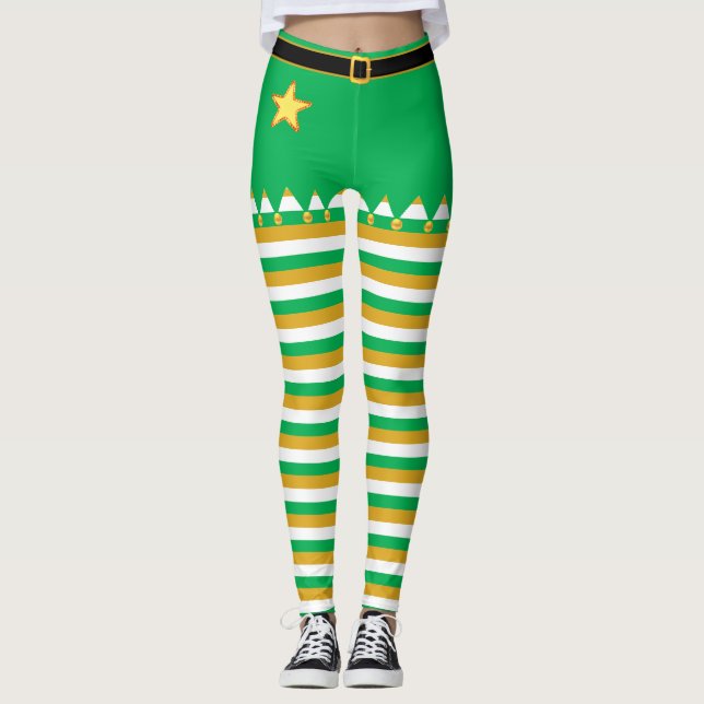Christmas Jingle Bells on Green Golden White Leggings (Front)