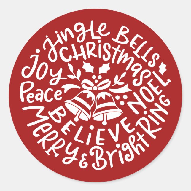 Christmas Jingle Bells Peace Joy Merry Bright Noel Classic Round Sticker (Front)