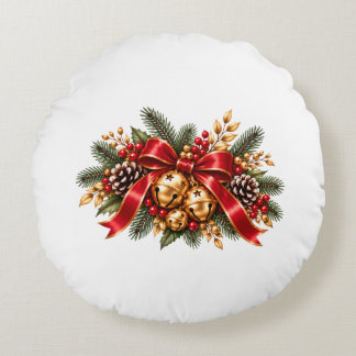 Christmas Jingle Bells Red Bow Festive Round Cushion