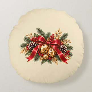 Christmas Jingle Bells Red Bow Festive Round Cushion