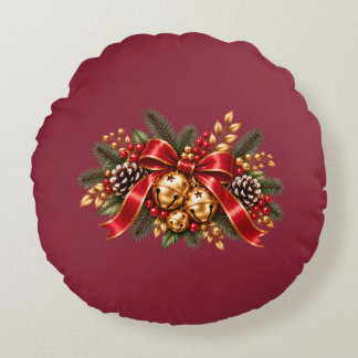 Christmas Jingle Bells Red Bow Festive Round Cushion