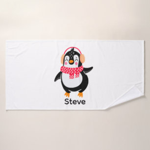 Christmas Jolly Penguin in Scarf with Ear Muffs Bath Towel