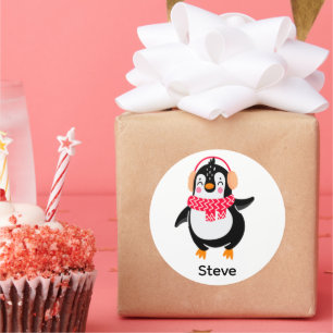 Christmas Jolly Penguin in Scarf with Ear Muffs Classic Round Sticker