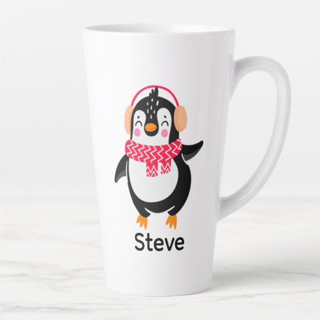 Christmas Jolly Penguin in Scarf with Ear Muffs Latte Mug (Right)