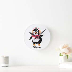 Christmas Jolly Penguin in Scarf with Ear Muffs Round Clock
