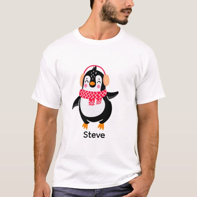 Christmas Jolly Penguin in Scarf with Ear Muffs T-Shirt (Front)