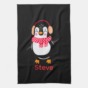 Christmas Jolly Penguin in Scarf with Ear Muffs Tea Towel