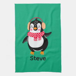 Christmas Jolly Penguin in Scarf with Ear Muffs Tea Towel