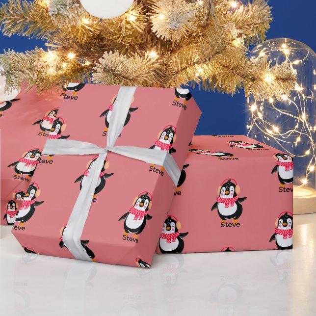 Christmas Jolly Penguin in Scarf with Ear Muffs Wrapping Paper (Holidays)