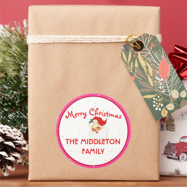 Christmas Jolly Santa Claus Pink Fun Merry  Classic Round Sticker (Holiday)