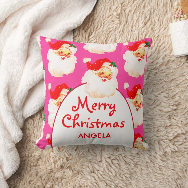 Christmas Jolly Santa Claus Pink Merry Greeting  Cushion (Blanket)