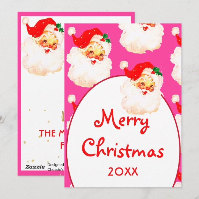 Christmas Jolly Santa Claus Pink Merry Greeting  Holiday Card (Front/Back)