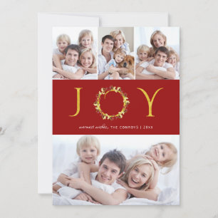 Christmas Joy 4-Photos Red Gold Faux Foil Holiday Card