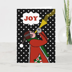 Christmas Joy Blowing Horn in the Snow Holiday Card