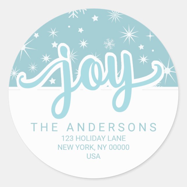 Christmas Joy Blue and White Handwritten Address Classic Round Sticker (Front)