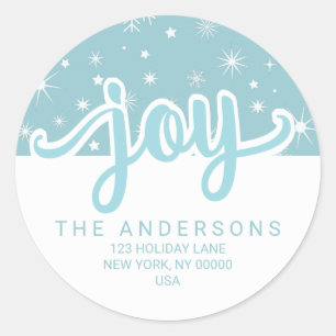 Christmas Joy Blue and White Handwritten Address Classic Round Sticker