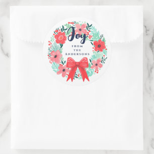 Christmas Joy Bow Wreath Blue Holiday Classic Round Sticker