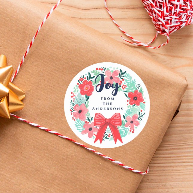 Christmas Joy Bow Wreath Blue Holiday Classic Round Sticker (Creator Uploaded)