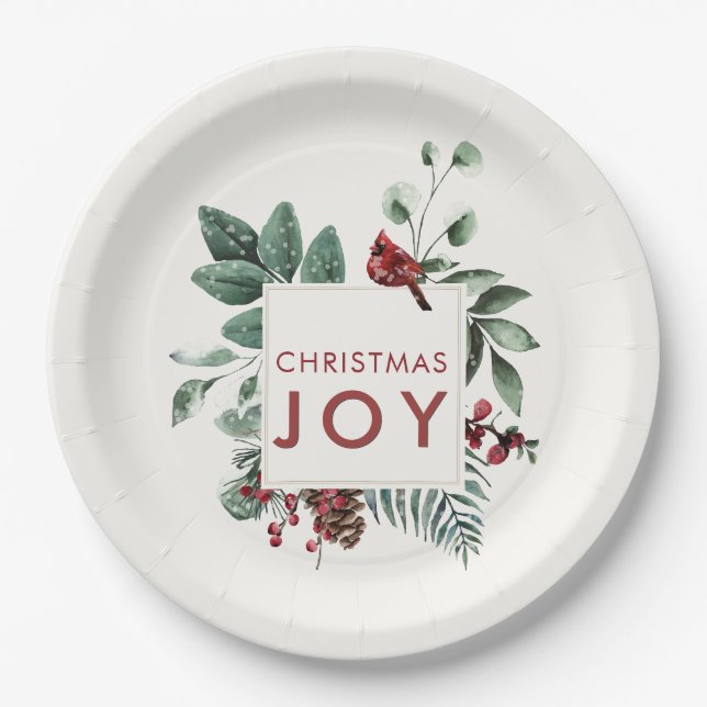 Christmas Joy Cardinal Bird Berries  Paper Plate (Front)