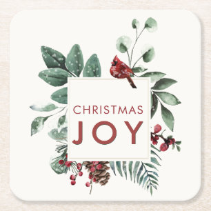 Christmas Joy Cardinal Bird Berries  Square Paper Coaster
