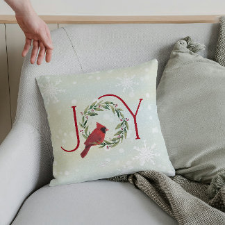 Christmas JOY Cardinal in Wreath Cushion