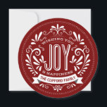 CHRISTMAS JOY CHALK ART ROUND PHOTO GREETING HOLIDAY CARD<br><div class="desc">WISHING YOU JOY: Bright and cheerful elegant round chalkboard style Christmas holiday ornament with retro banner, vintage cranberry red and white typography, and fancy swirls. Personalise this decorative holiday photo greeting card with your family name. Add your favourite holiday family picture and customise the text. Contemporary, classic, modern and stylish...</div>