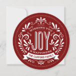 CHRISTMAS JOY CHALK ART ROUND PHOTO GREETING HOLIDAY CARD<br><div class="desc">WISHING YOU JOY: Bright and cheerful elegant round chalkboard style Christmas holiday ornament with retro banner, vintage cranberry red and white typography, and fancy swirls. Personalise this decorative holiday photo greeting card with your family name. Add your favourite holiday family picture and customise the text. Contemporary, classic, modern and stylish...</div>