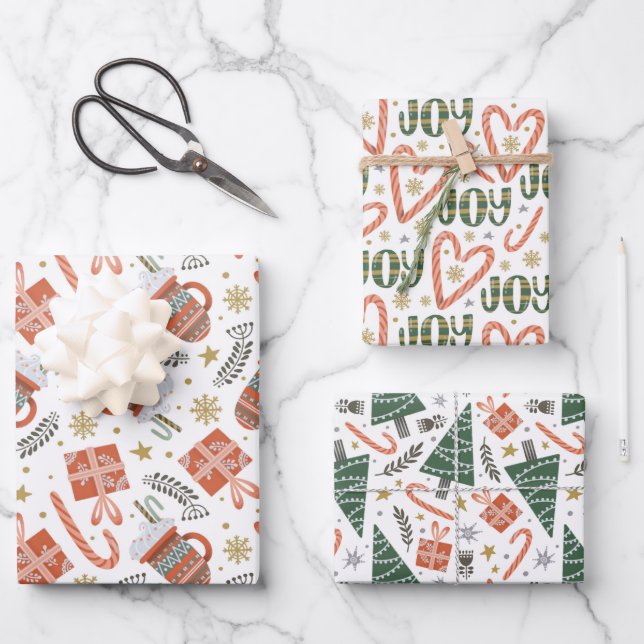 Christmas Joy, Cocoa, Trees & Gifts Wrapping Paper Sheet (Front)