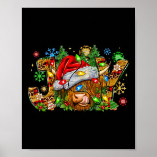 Christmas Joy Cute Highland Cow With Santa Hat Xma Poster