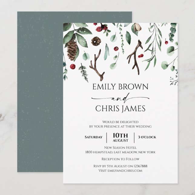 Christmas Joy | Elegant Watercolor Winter Wedding Invitation (Front/Back)