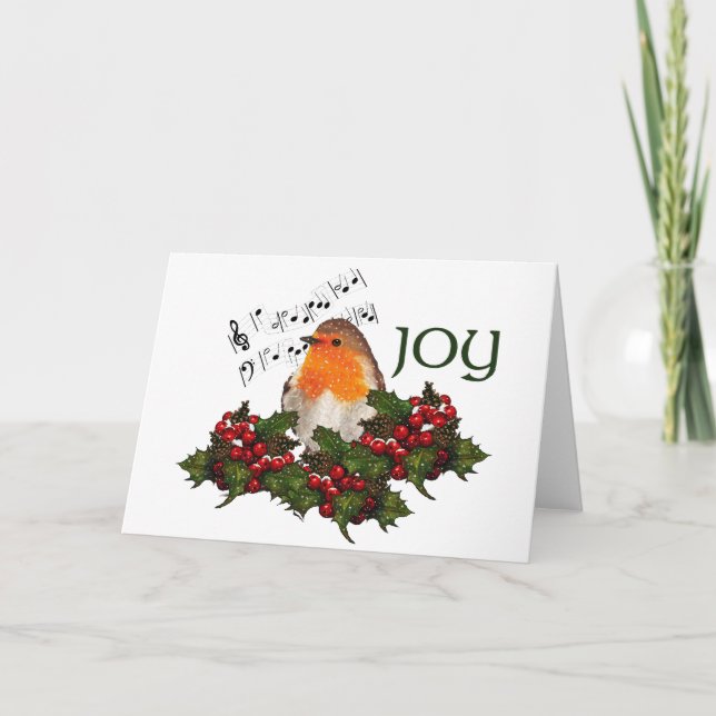 Christmas JOY: English Robin: Holly, Berries Holiday Card (Front)