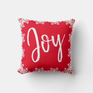 Christmas Joy Family Red White Script Snowflakes Cushion